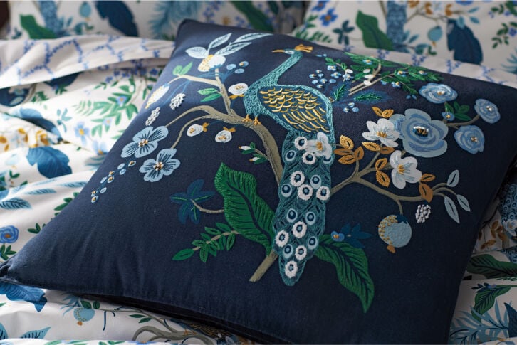 Image of a blue flora embroidered pillow Image of a blue flora embroidered pillow